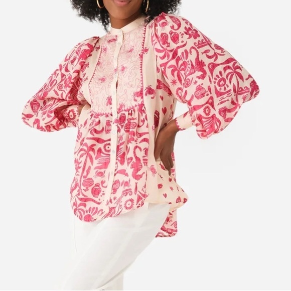 NWT Alemais Esmerelda 100% Silk Eye Printed Fuchsia Pink Button Up Blouse US 0 - Picture 2 of 15